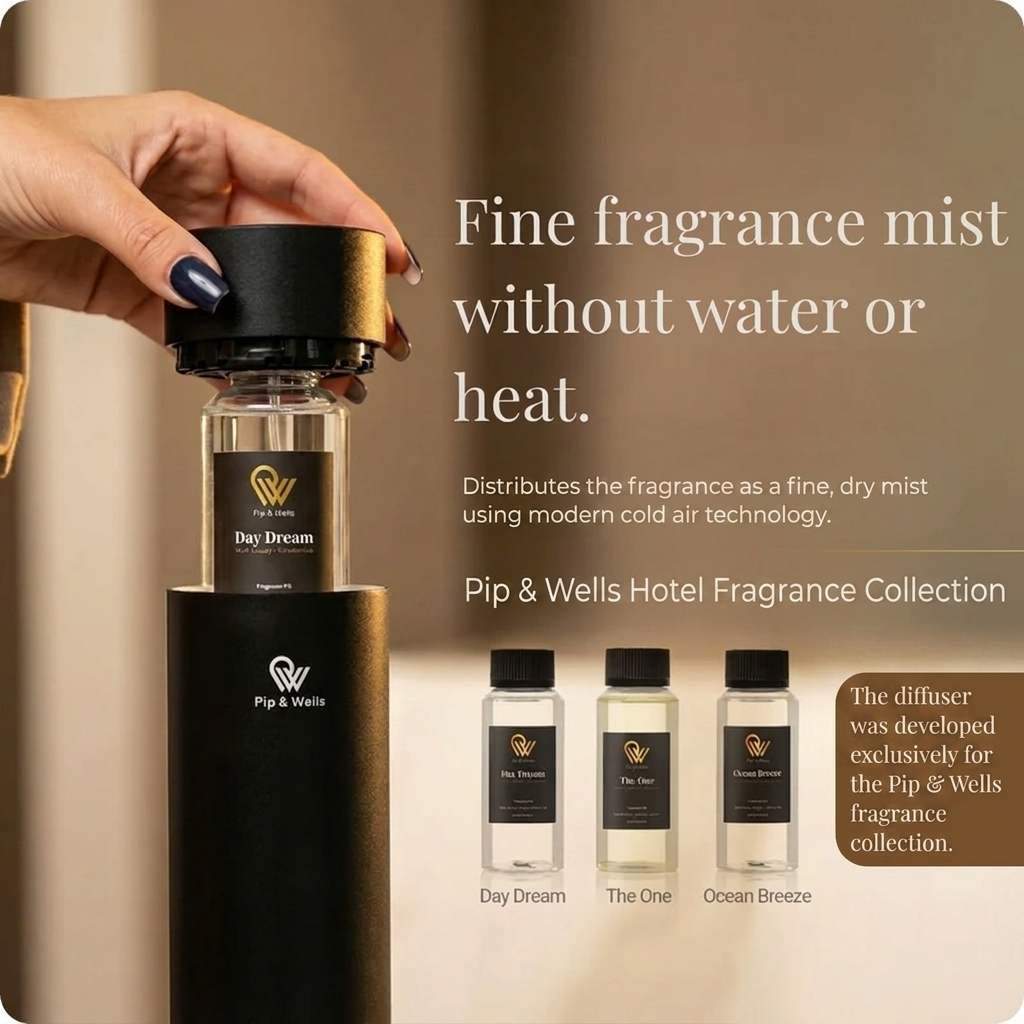 Hotel reception diffuser: the black Pure One aroma diffuser with Pip & Wells fragrance oils.