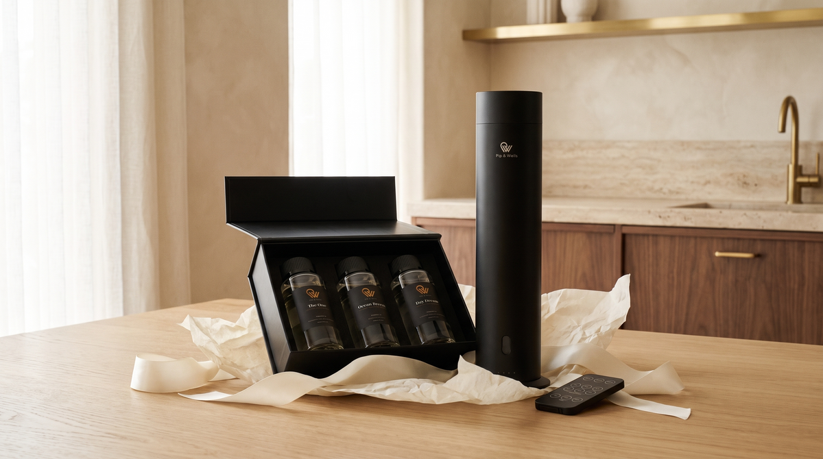 Uitgepakte Pip & Wells cadeauset met Pure One diffuser in Matte Black en drie hotelgeuroliën op een eiken tafel
