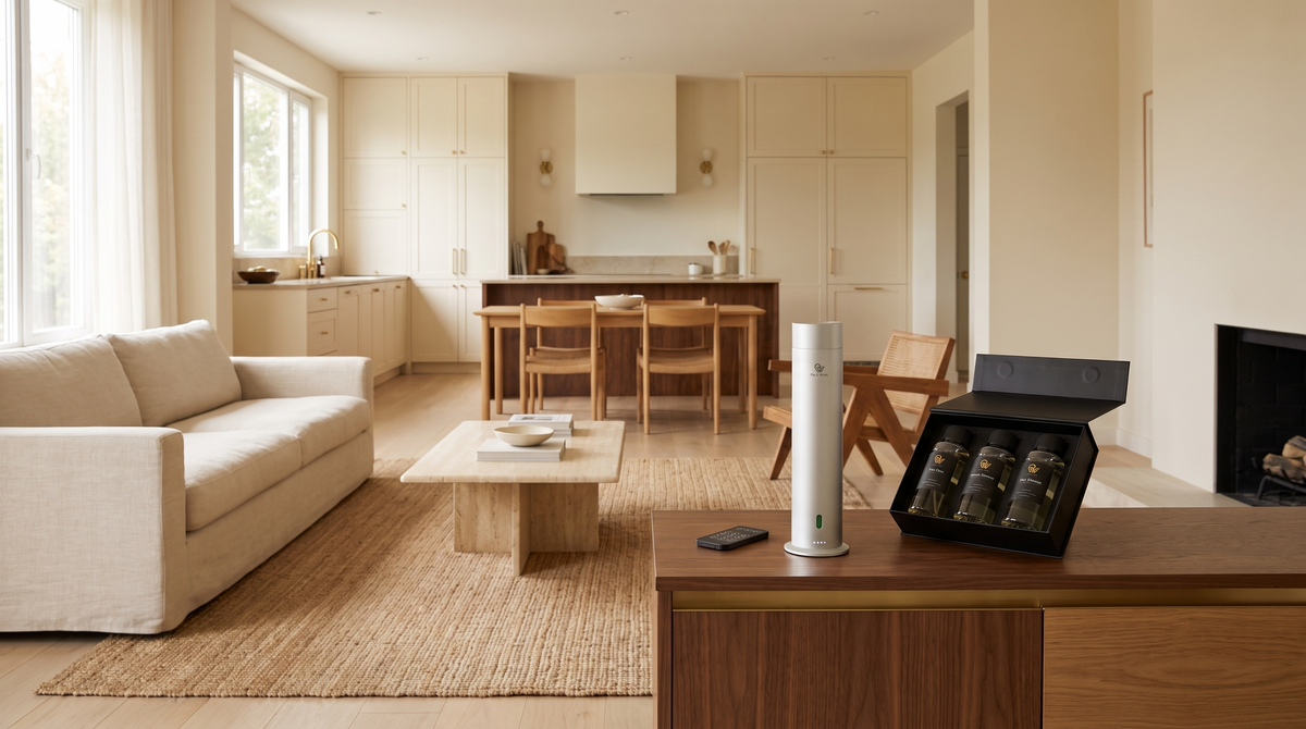Diffuseur Pure One en Matte Silver sur un buffet en noyer dans une vaste maison à espace ouvert
