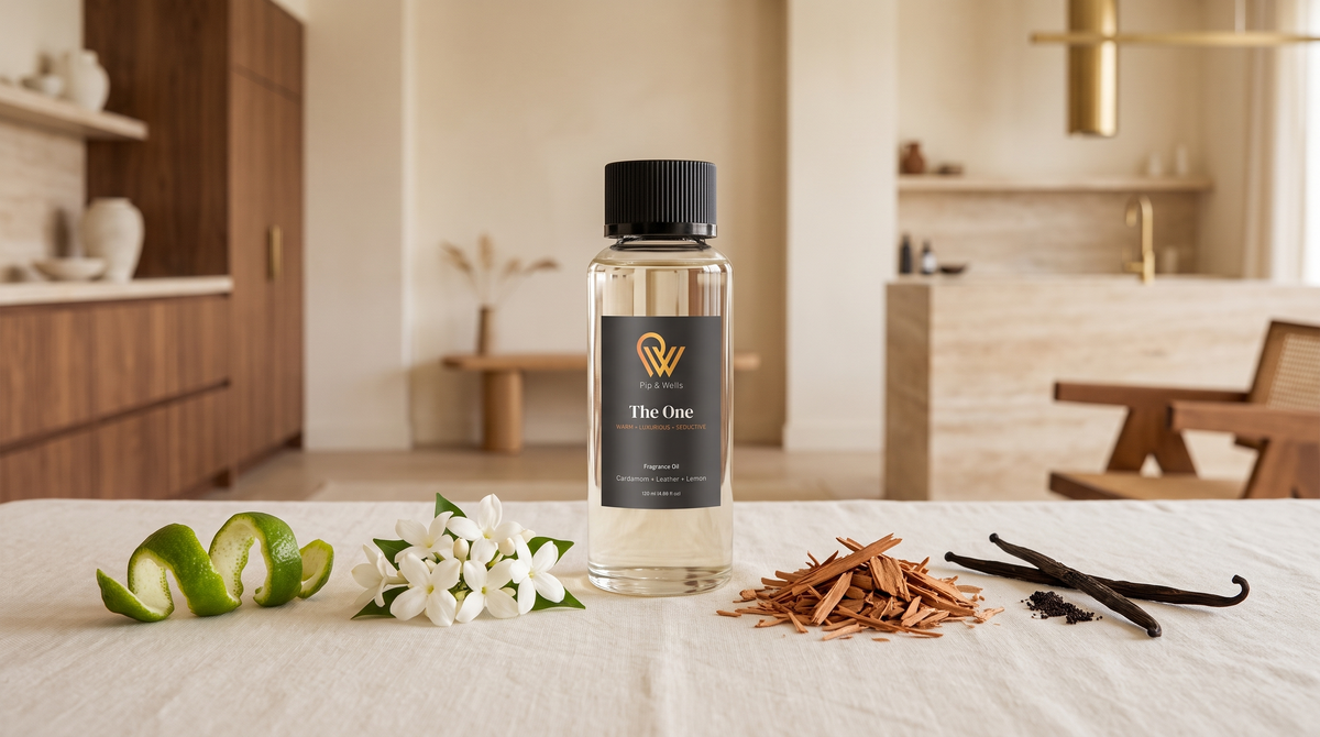 Huile parfumée The One entourée de zeste d’agrumes, de jasmin, de bois de santal et de vanille, ses notes de tête, de cœur et de fond