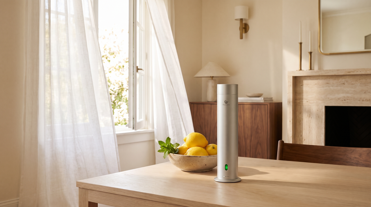 Diffuseur Pure One en Matte Silver à côté d’un bol de citrons dans un salon estival ensoleillé aux rideaux de lin