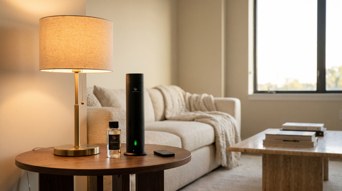 Diffuseur Pure One en Matte Black avec huile parfumée et télécommande sur une table d’appoint en noyer dans un salon calme le soir