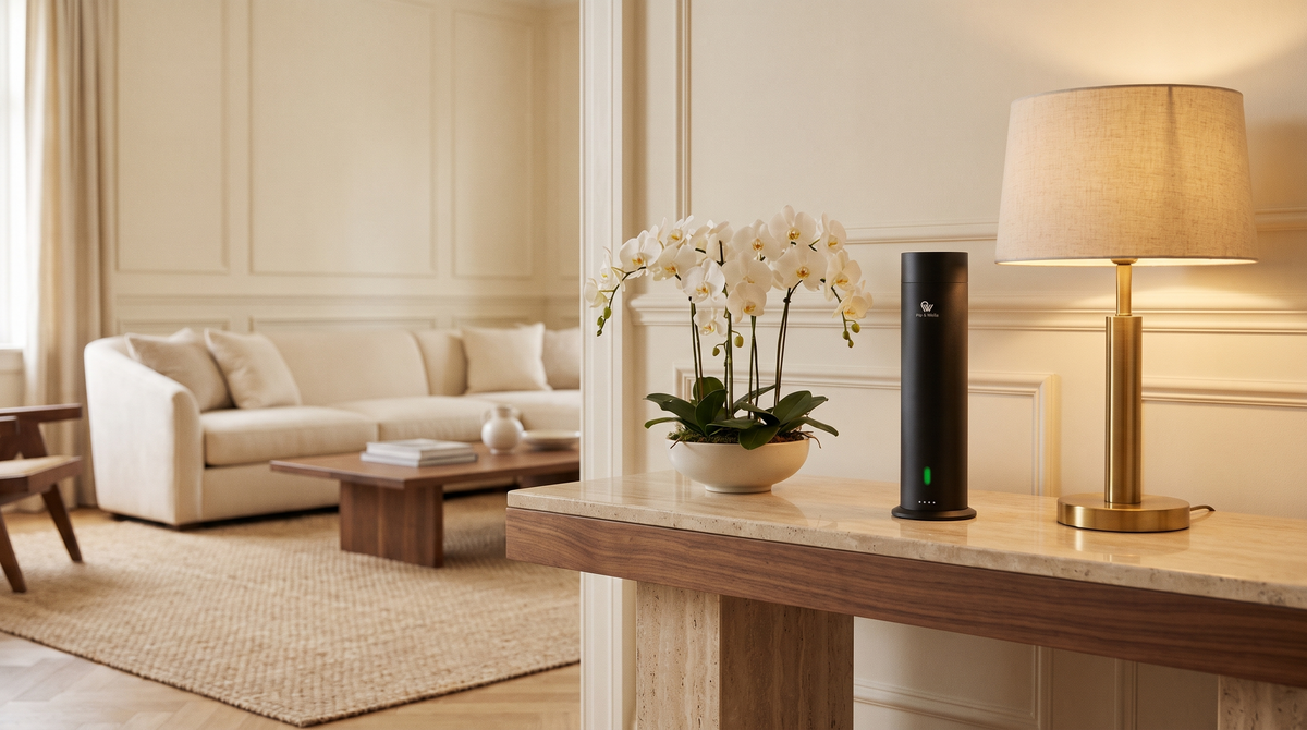 Diffuseur Pure One en Matte Black sur une console en marbre avec des orchidées blanches et une lampe en laiton dans un salon de style hôtelier