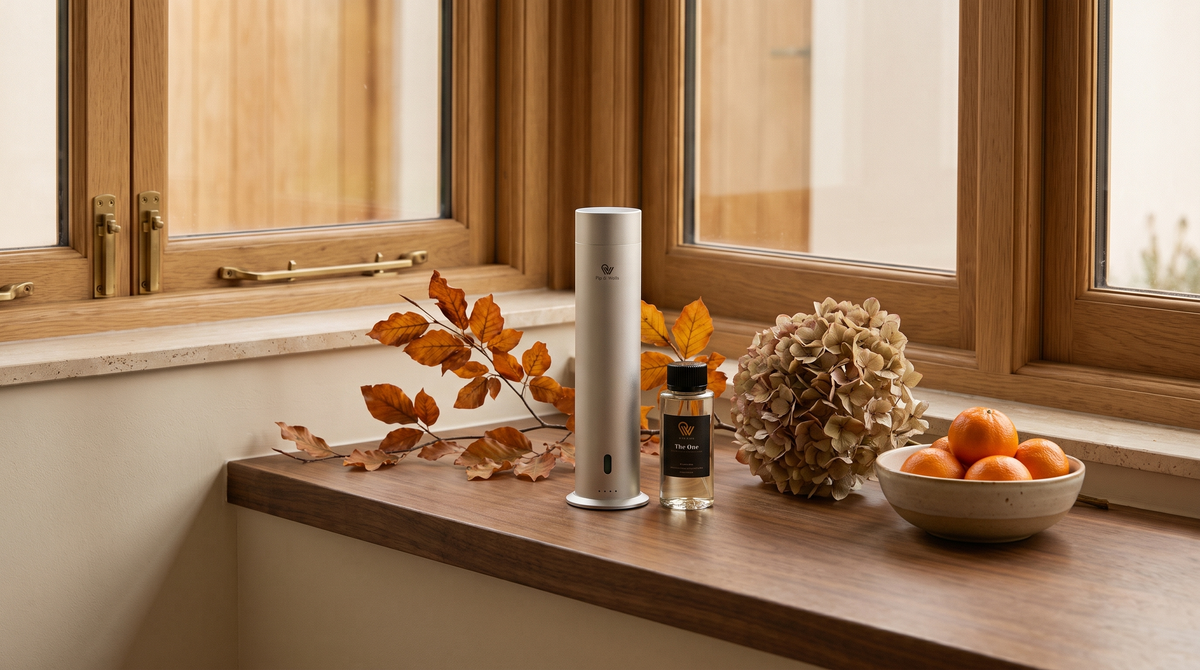 Pure One diffuser in Matte Silver op een walnotenhouten vensterbank met herfstbladeren, gedroogde hortensia en clementines