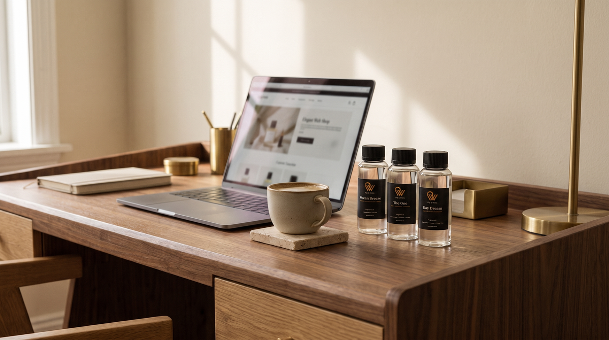Laptop met een online geurwinkel naast drie Pip & Wells geuroliën en een kop koffie