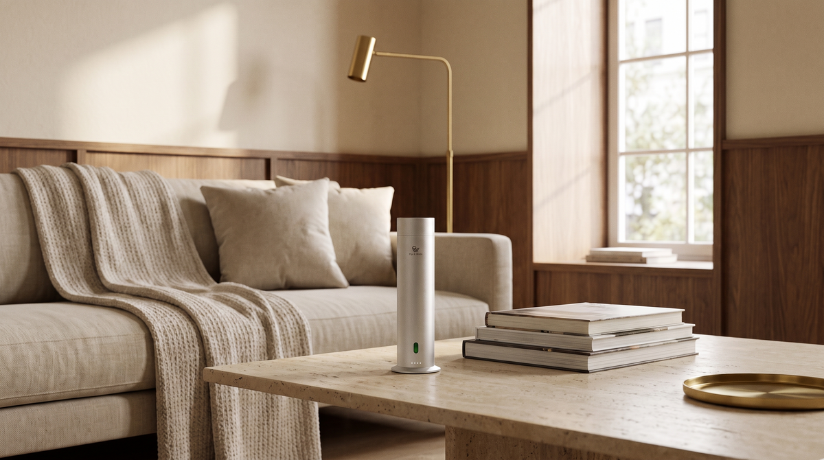 Diffuseur Pure One en Matte Silver sur une table basse en travertin dans un salon chaleureux