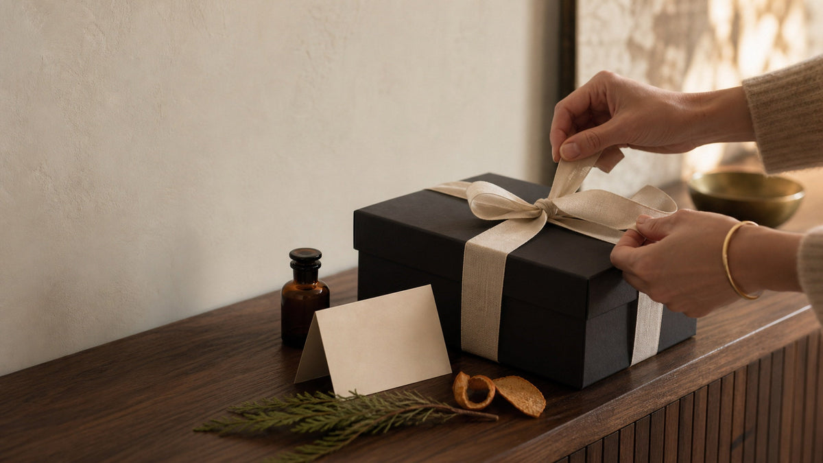 Handen strikken een ivoorkleurig lint om een zwarte huisgeurcadeaudoos