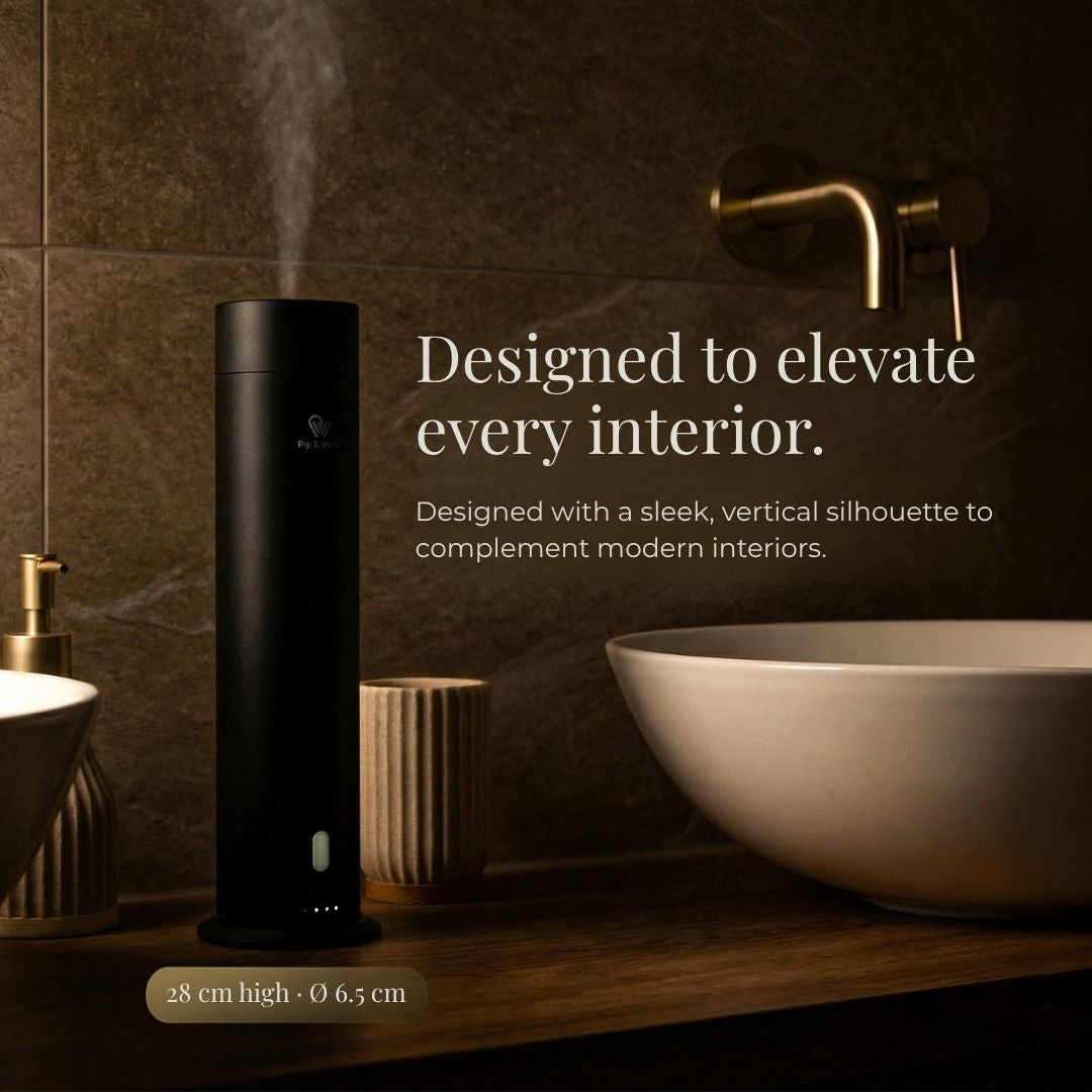Pip & Wells Pure One matzwarte waterloze aroma diffuser in een badkamer