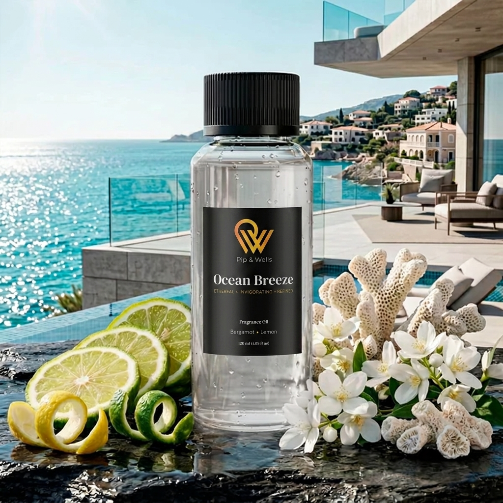 Pip & Wells Ocean Breeze-geurolie met citrus en kustlandschap