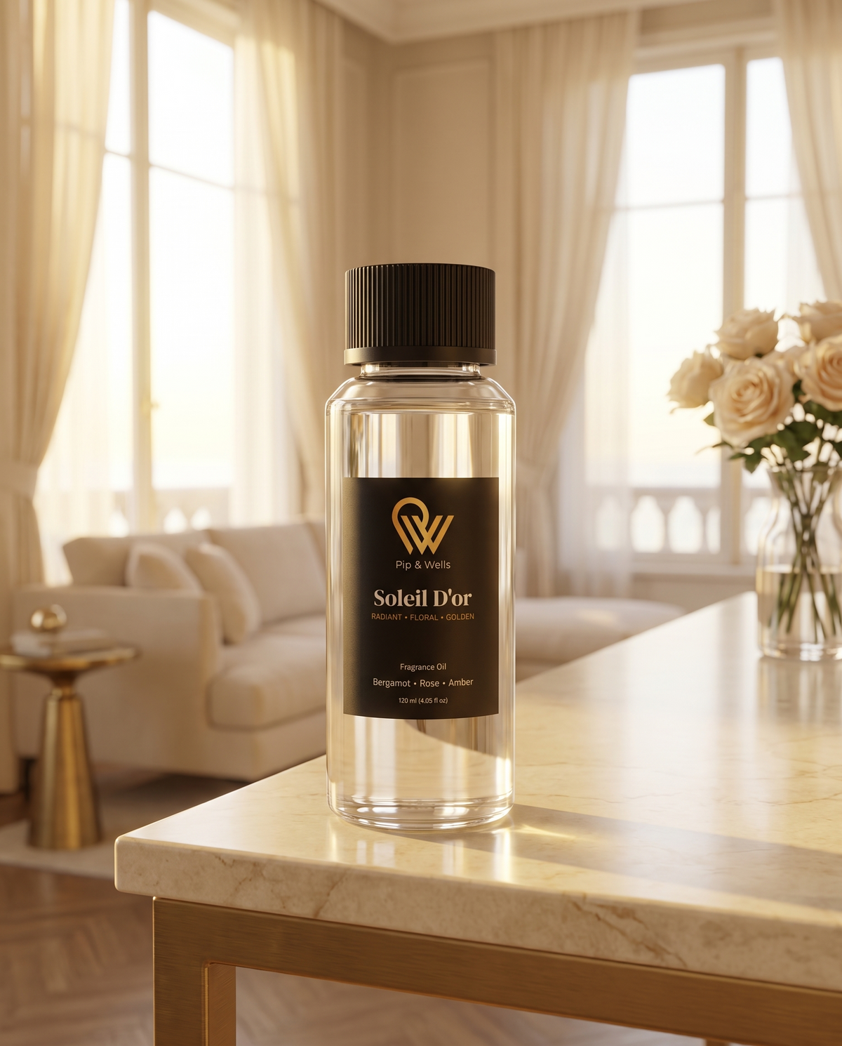 Flesje Pip & Wells Soleil D'or geurolie 120 ml op een marmeren consoletafel in de zonnige woonkamer van een hotelsuite