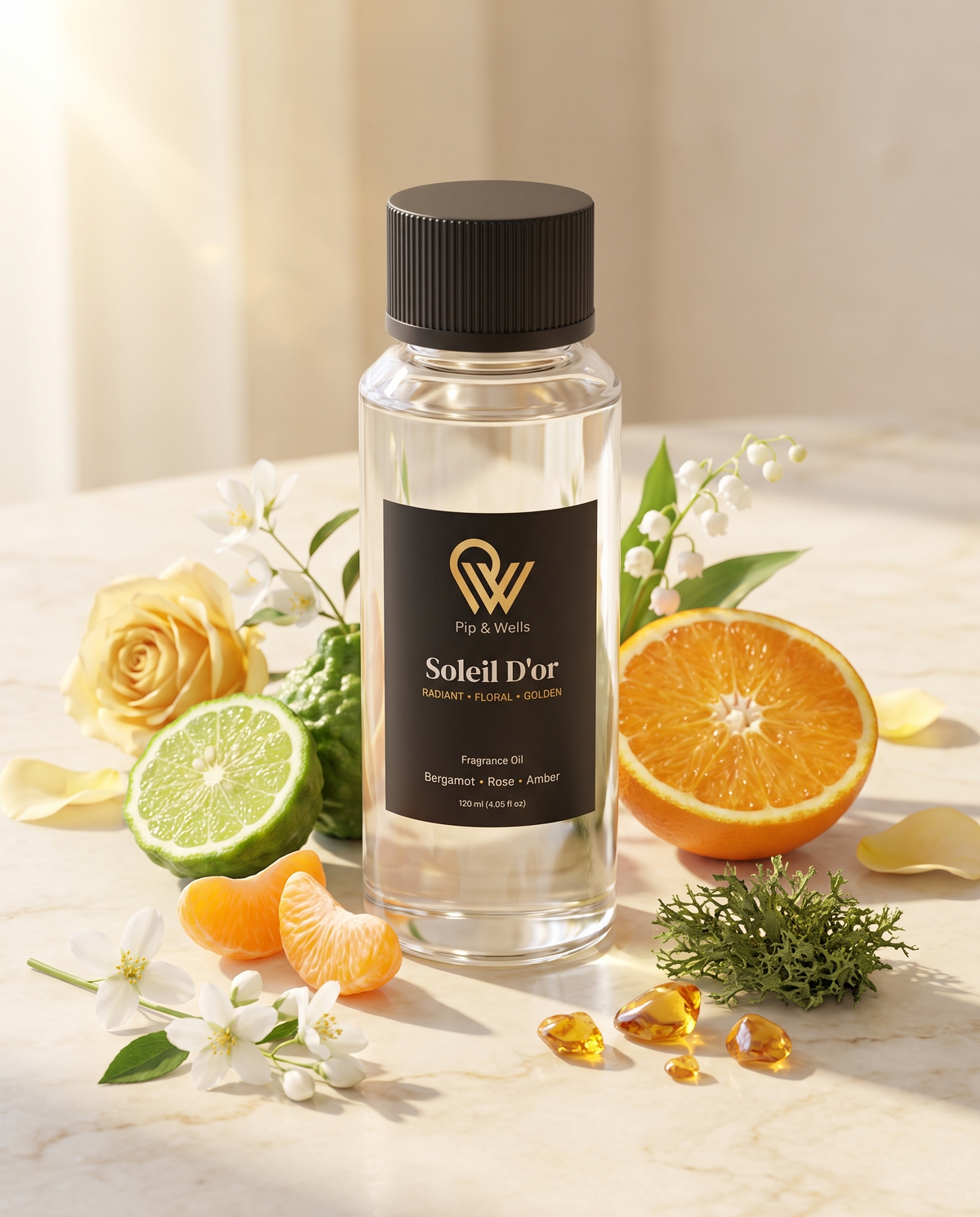 Flesje Pip & Wells Soleil D'or geurolie 120 ml met de geurnoten bergamot, mandarijn, sinaasappel, roos, jasmijn, lelietje-van-dalen, eikenmos en amber