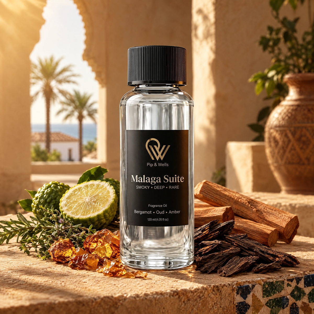 Pip & Wells Malaga Suite geurolie 120 ml met de geuringrediënten oudhout, amberhars, bergamot, sandelhout en aromatische kruiden