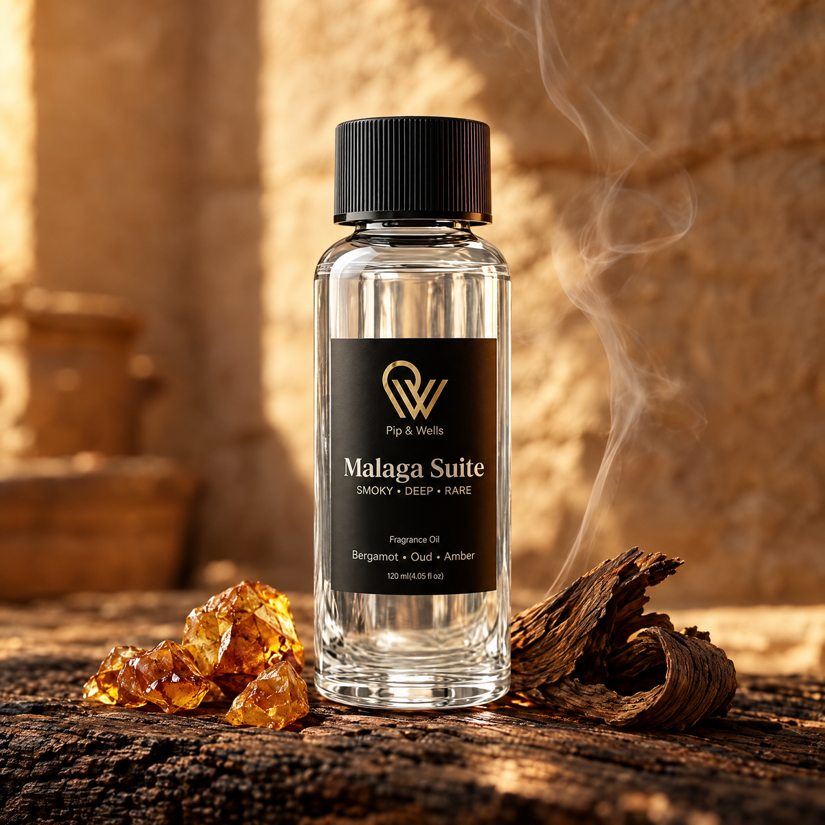 Close-up van Pip & Wells Malaga Suite geurolie 120 ml met amberhars en oudhout in warm avondlicht