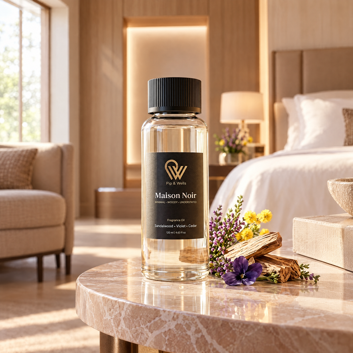 Huile parfumée Pip & Wells Maison Noir 120 ml sur une table d’appoint dans une suite d’hôtel à l’éclairage tamisé
