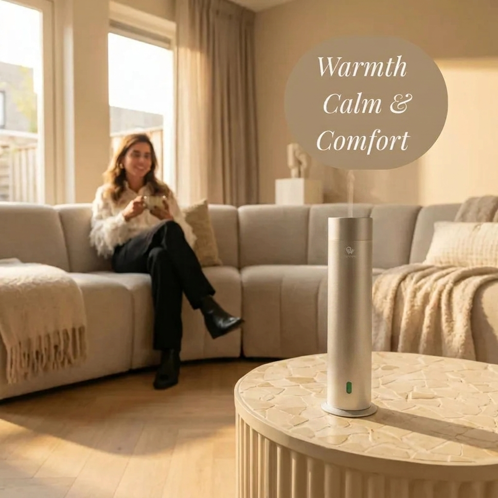 Pip & Wells Pure One matzilveren waterloze aroma diffuser in een woonkamer