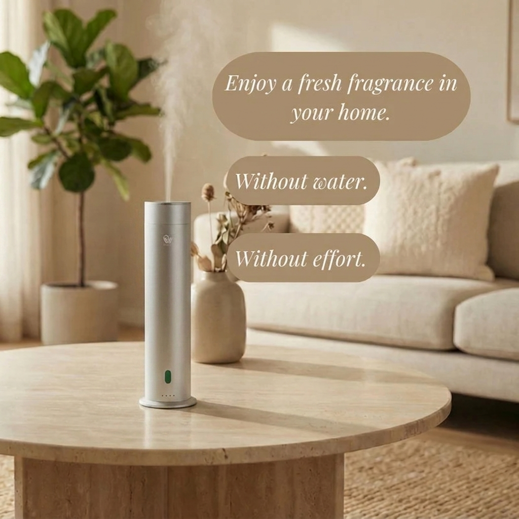 Pip & Wells Pure One matzilveren waterloze aroma diffuser op een salontafel in een woonkamer