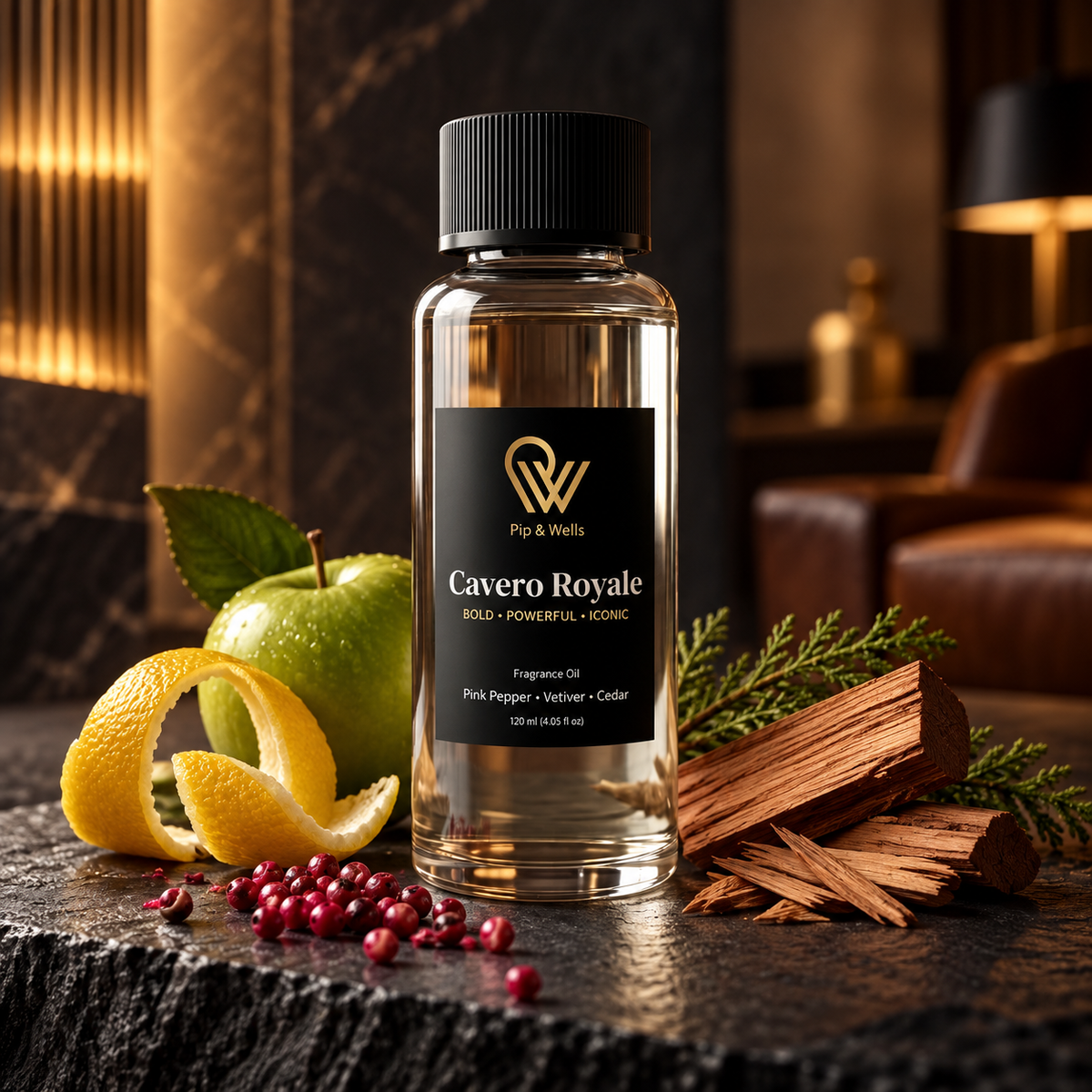 Flesje Pip & Wells Cavero Royale geurolie 120 ml in een donkere hotellounge met appel, citroenschil, roze peper en cederhout