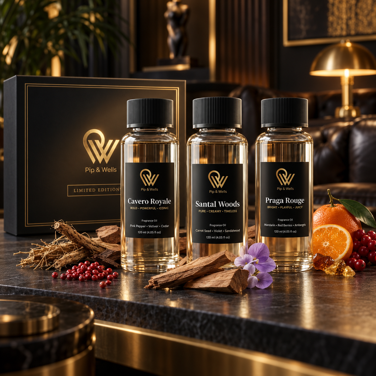 Pip & Wells Limited Edition geschenkset met drie flessen geurolie van 120 ml en een zwarte geschenkdoos op donker marmer