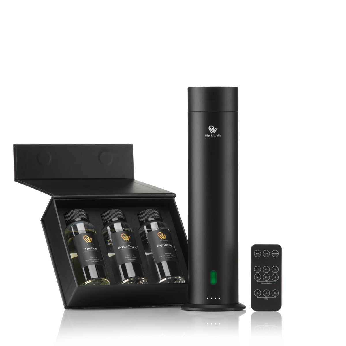 Matte black Pure One aroma diffuser gift set with three fragrance oils as a Mother?s Day diffuser gift