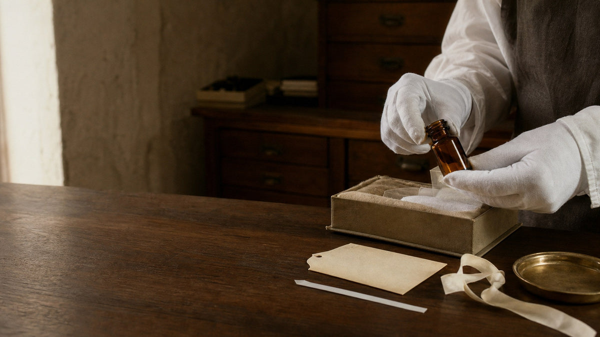 Conservator met witte handschoenen onderzoekt een amberkleurig geurflesje aan een archieftafel