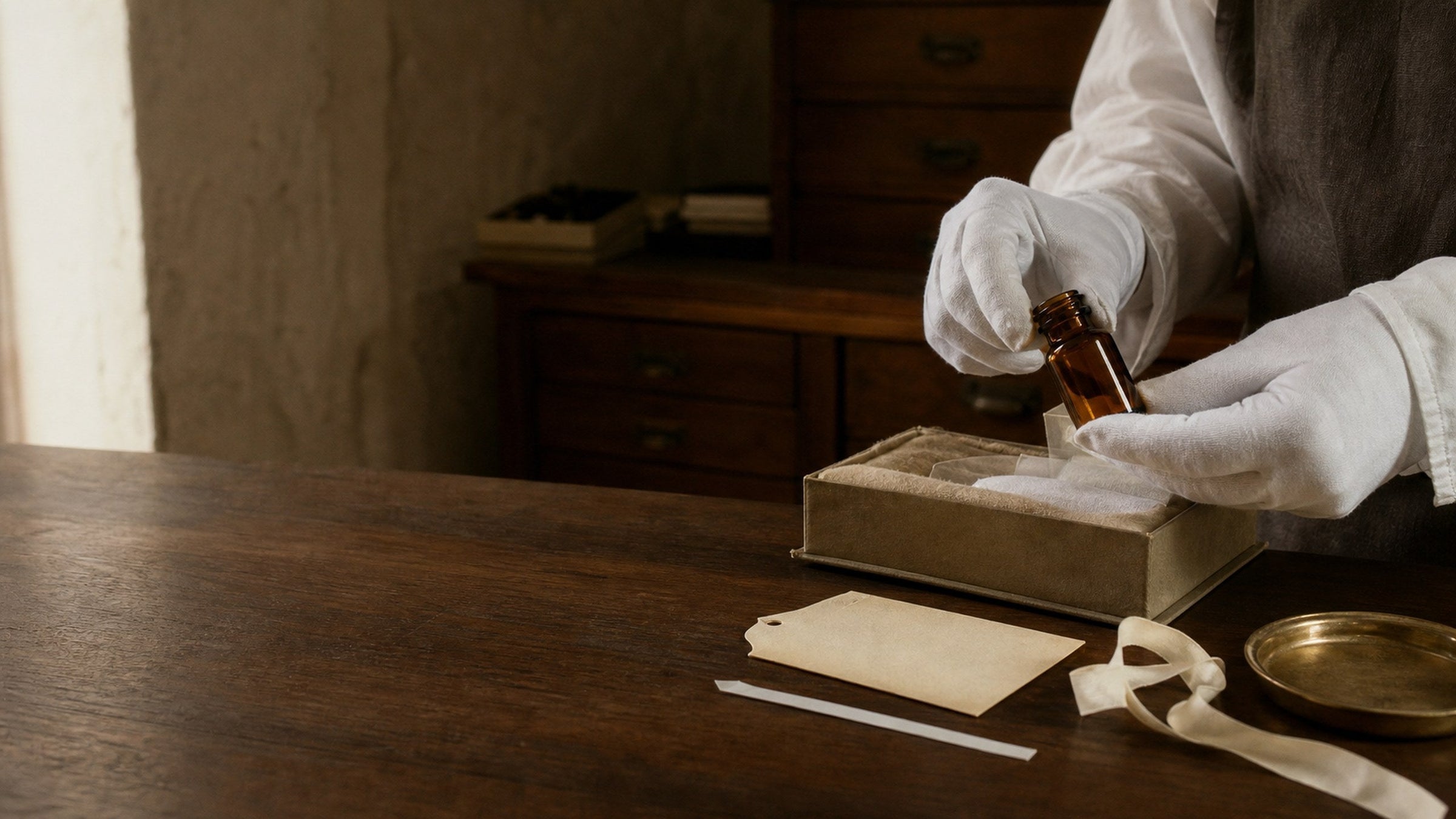 Conservator met witte handschoenen onderzoekt een amberkleurig geurflesje aan een archieftafel