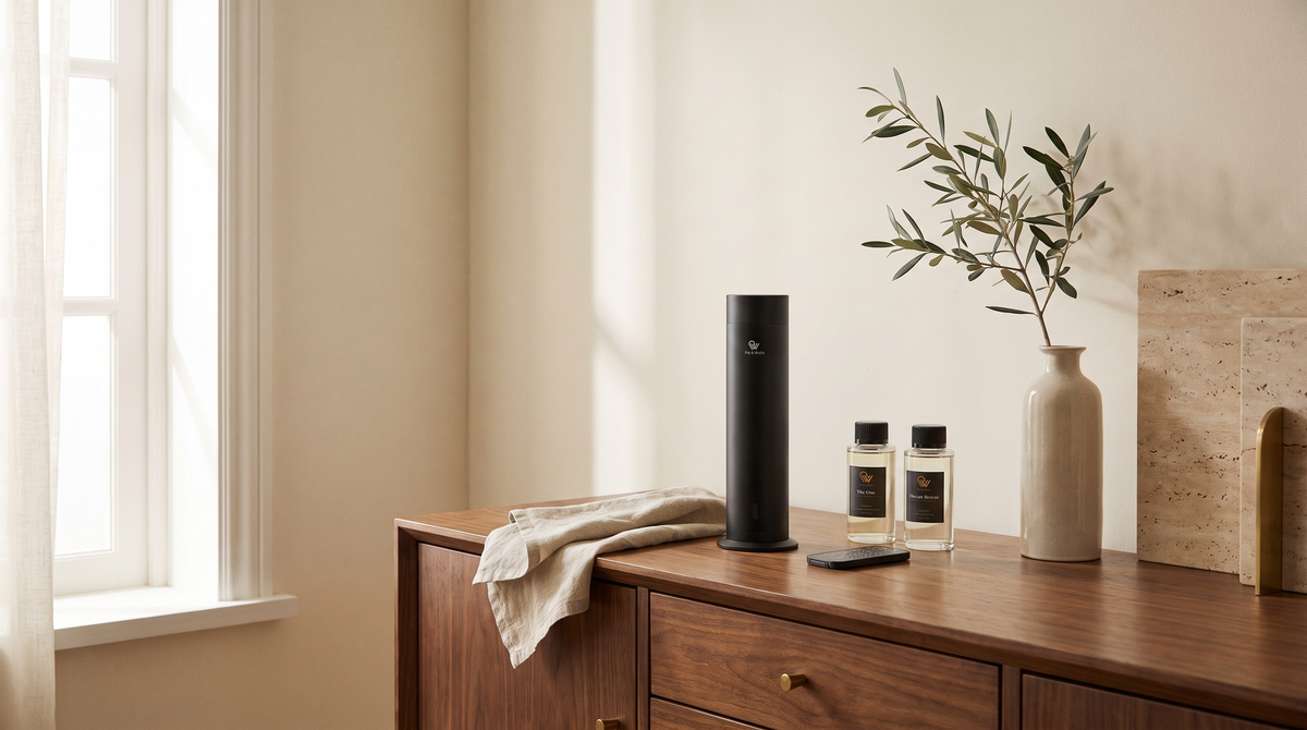 Pip & Wells Pure One diffuser zonder water in Matte Black op een walnotenhouten dressoir, met afstandsbediening en geuroliën