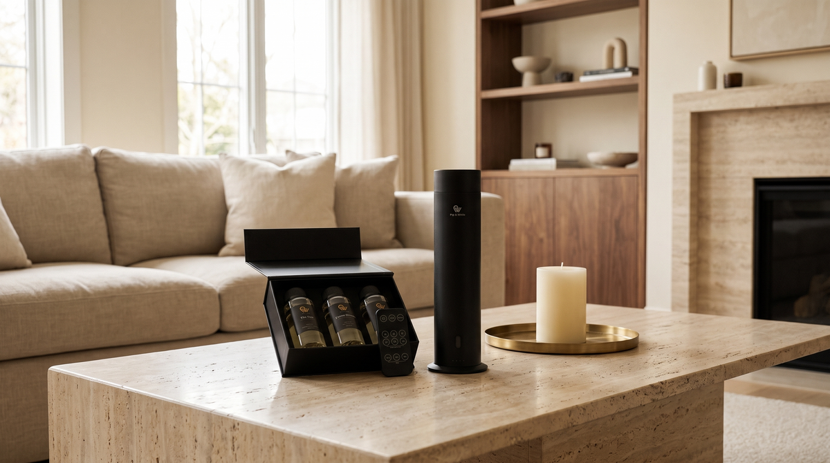 Diffuseur Pure One en Matte Black à côté d’une bougie pilier ivoire sur une table basse en travertin