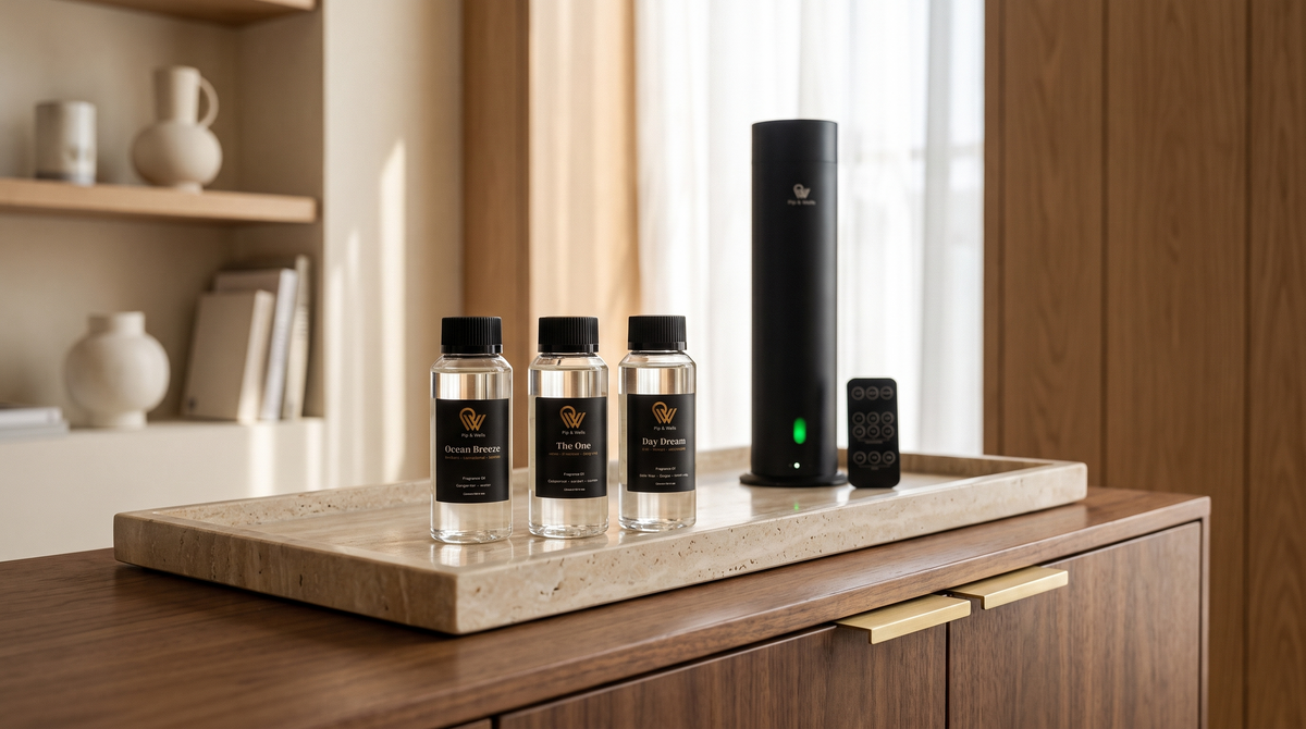 Huiles parfumées Ocean Breeze, The One et Day Dream sur un plateau en travertin à côté du diffuseur Pure One en Matte Black