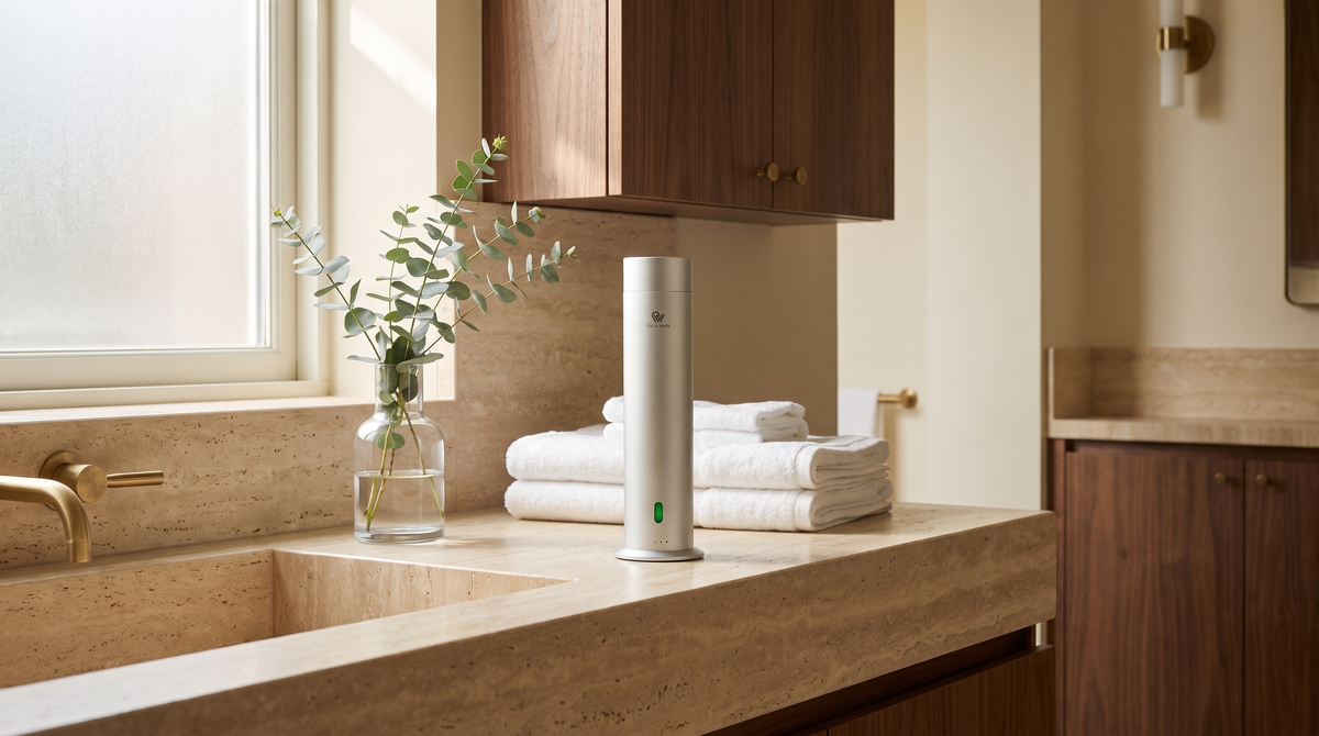Pure One diffuser in Matte Silver op een travertinen wastafelblad met opgevouwen handdoeken en eucalyptus