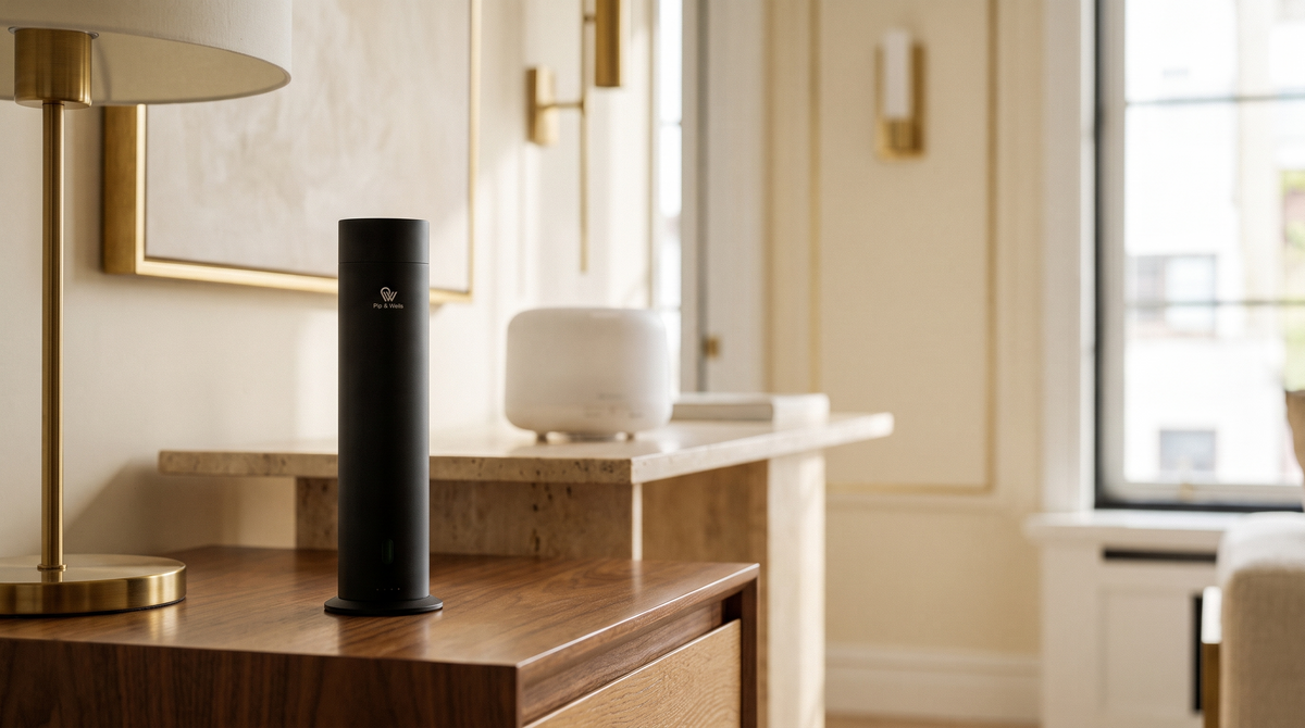 Pure One diffuser zonder water in Matte Black vóór een witte ultrasone waterdiffuser