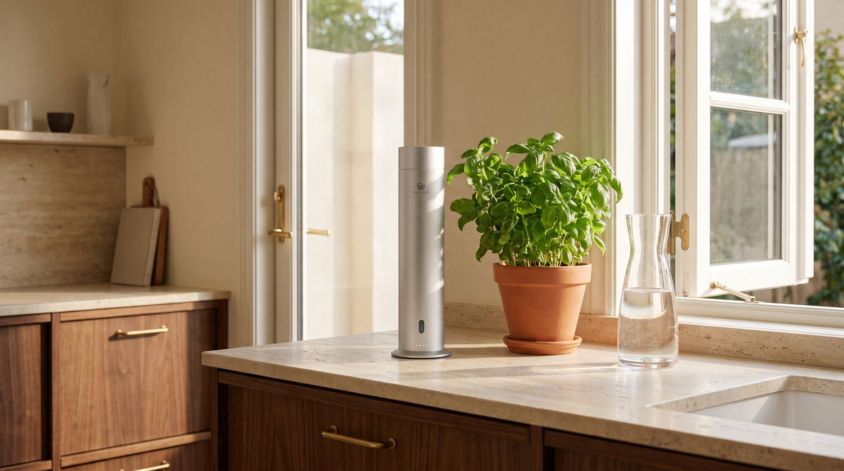 Pure One diffuser in Matte Silver naast verse basilicum in een luchtige keuken met een open raam