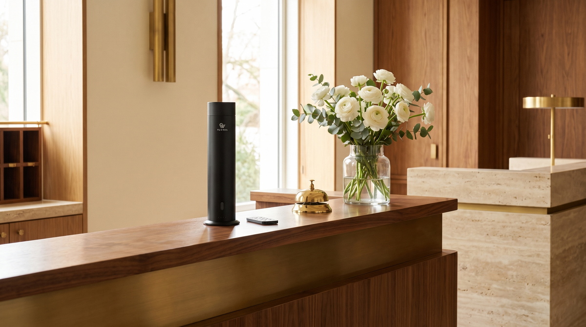 Pure One diffuser in Matte Black op een receptiebalie van walnotenhout en messing in de lobby van een boetiekhotel