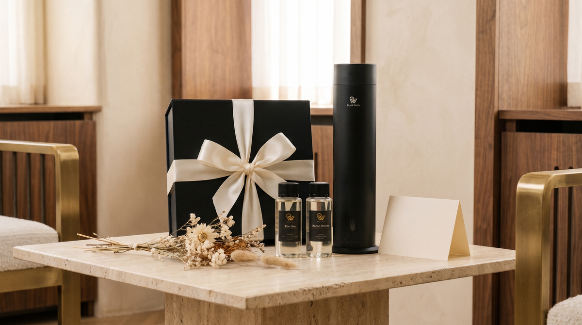 Coffret cadeau Pip & Wells avec ruban ivoire, diffuseur Pure One, huiles parfumées et carte cadeau vierge