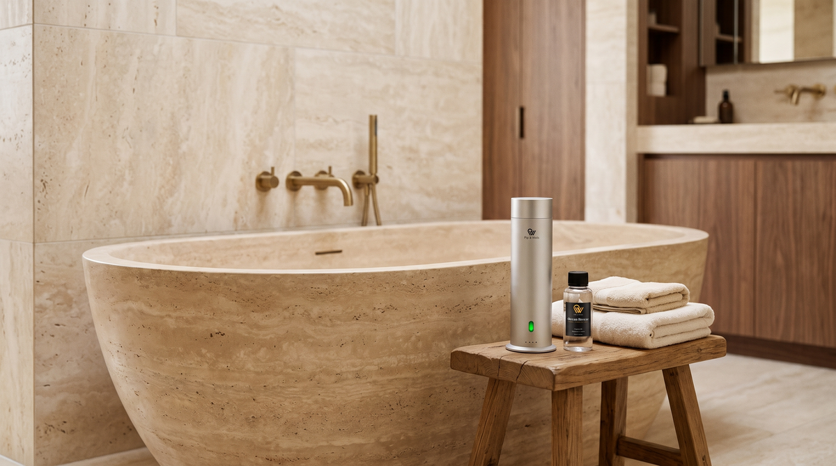 Pure One diffuser in Matte Silver en Ocean Breeze geurolie op een eiken kruk naast een travertinen bad