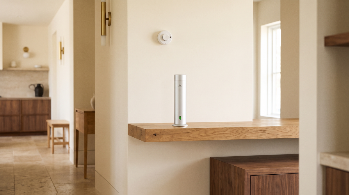Pure One diffuser in Matte Silver op een eiken plank in een rustige gang, met een rookmelder erboven