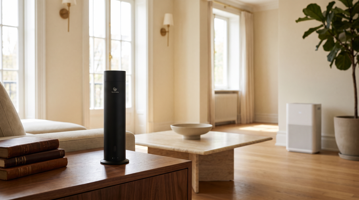 Pure One diffuser in Matte Black op een walnotenhouten bijzettafel, met een luchtreiniger aan de andere kant van de woonkamer