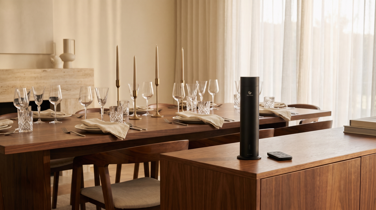 Diffuseur Pure One en Matte Black sur un buffet en noyer à côté d’une table dressée pour des invités