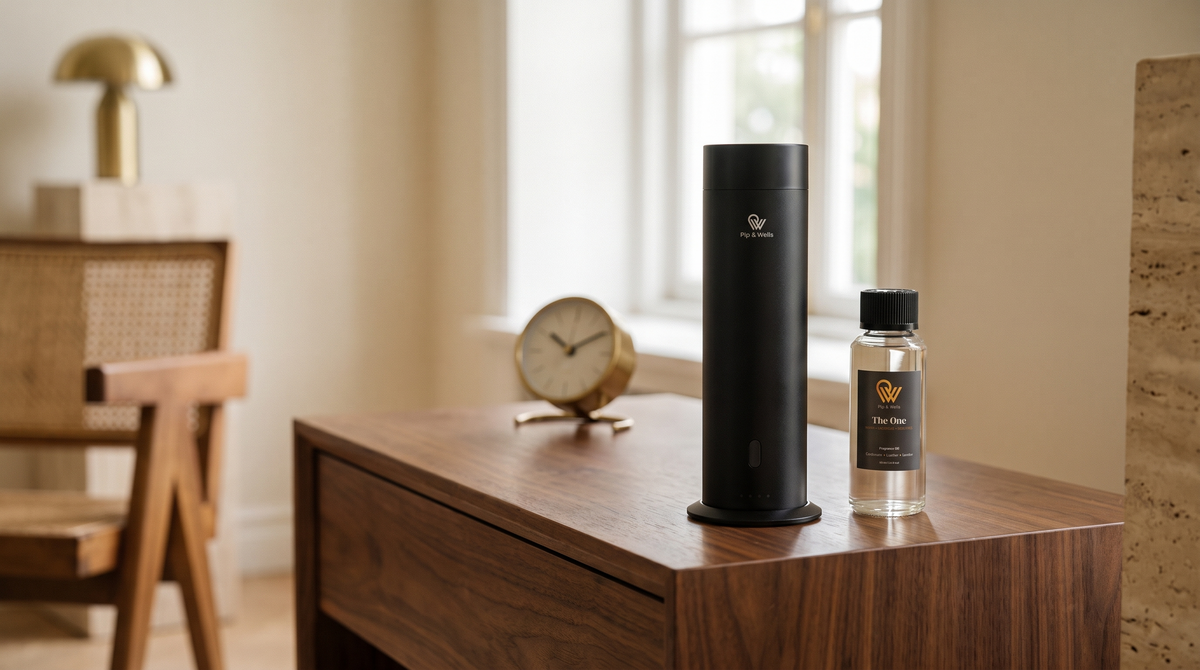 Diffuseur Pure One en Matte Black à côté de l’huile parfumée The One et d’une horloge de bureau en laiton sur une table d’appoint en noyer