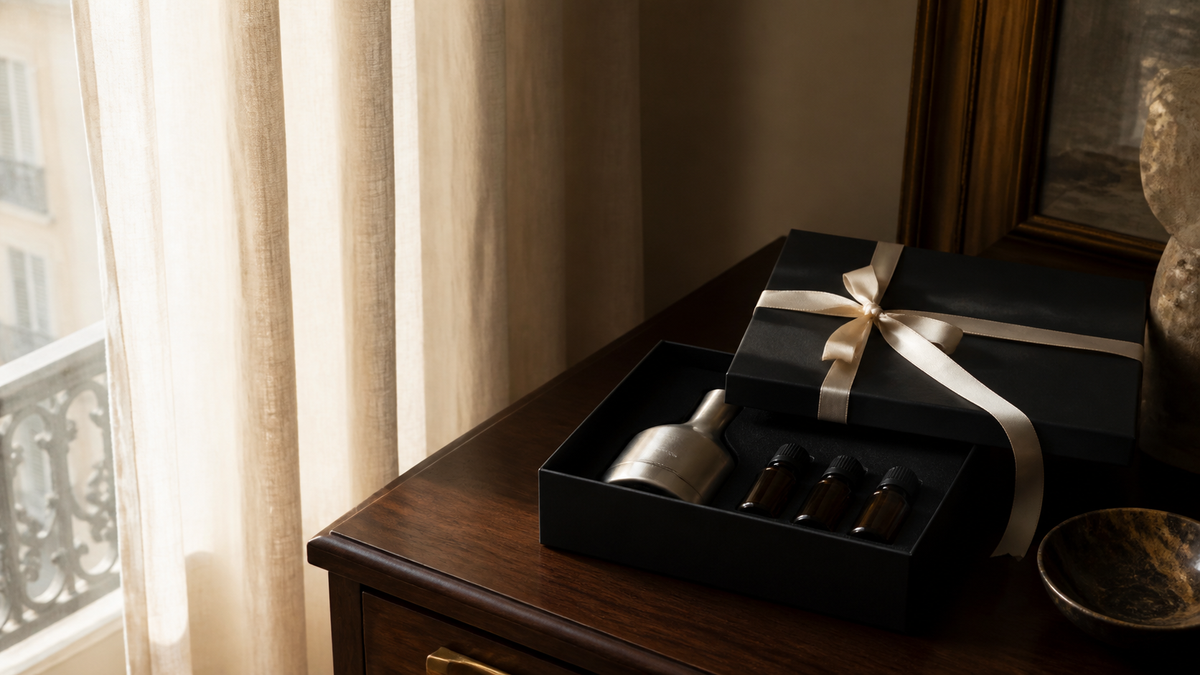 Elegante huisgeurcadeauset met zilverkleurige geurverspreider en amberkleurige geurflesjes