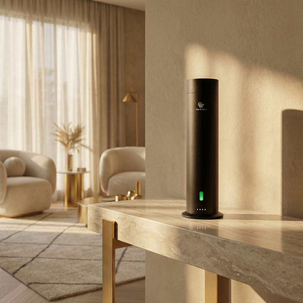 Matzwarte Pure One waterloze diffuser op een stenen console in een warm interieur