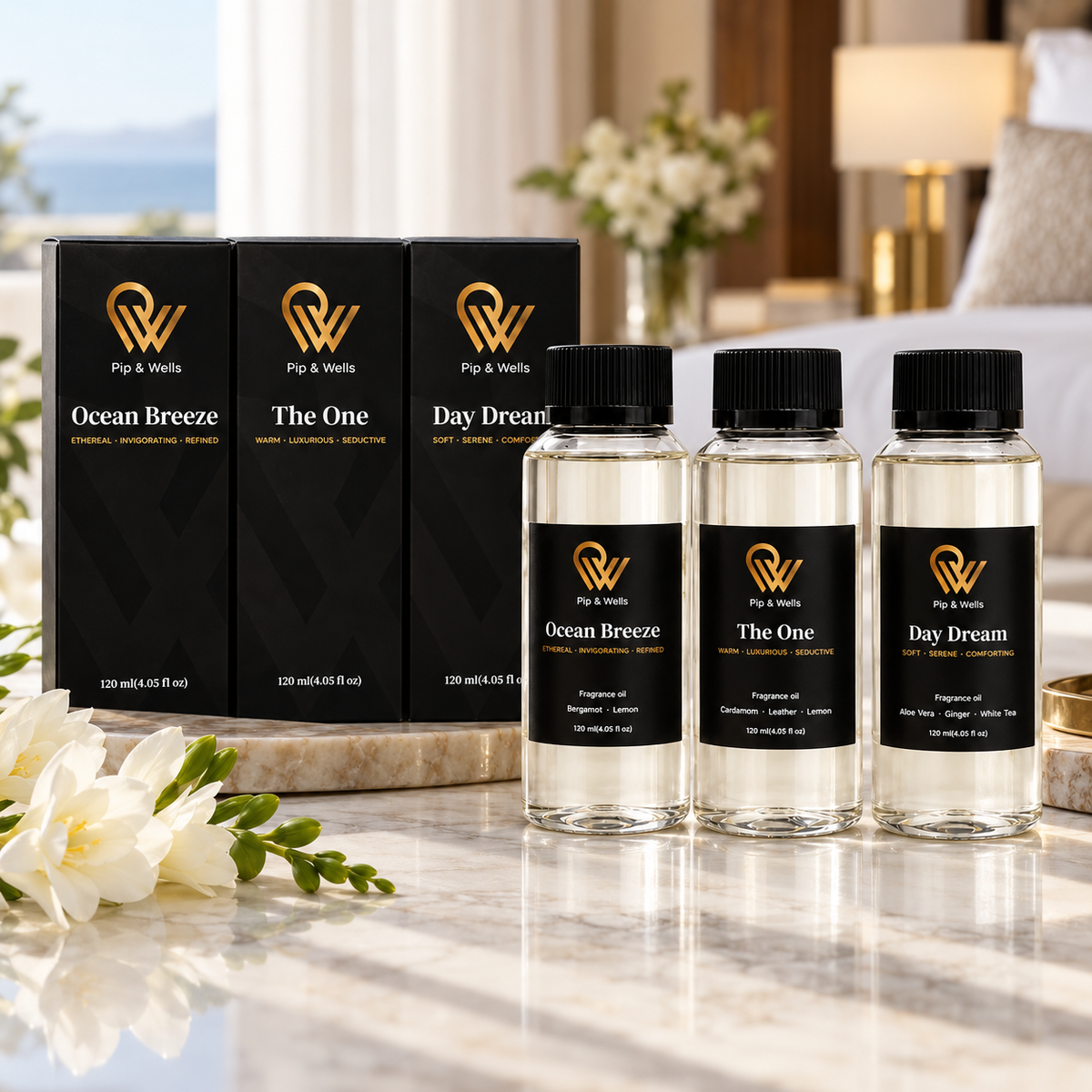 The One vs Ocean Breeze: Pip & Wells fragrance oils shown with Day Dream in the Hotel Fragrances set.