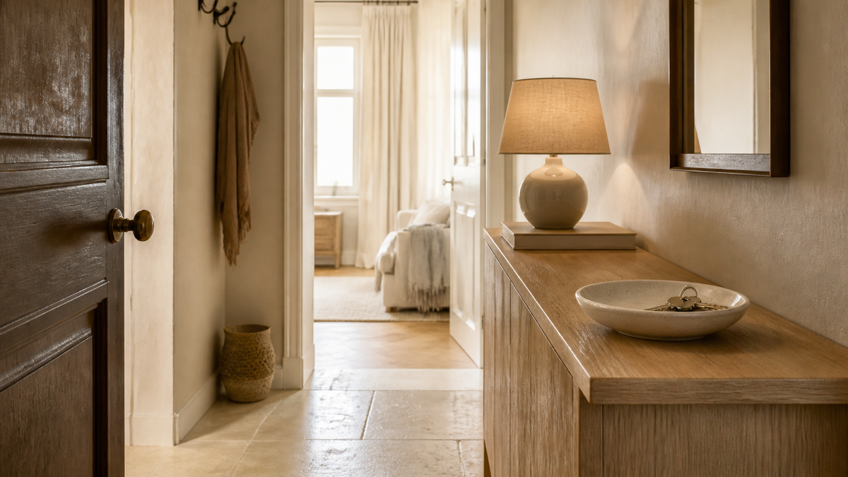Rustige voorbereide entreehal voor een woningbezichtiging