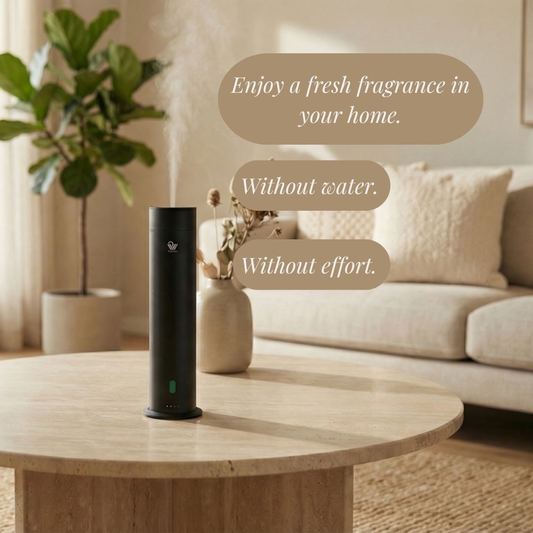 Pip & Wells Pure One matzwarte waterloze aroma diffuser op een houten tafel in een woonkamer