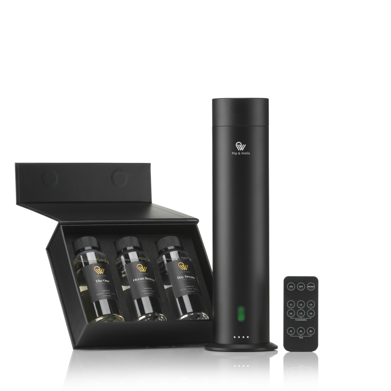 Pip & Wells Pure One matzwarte waterloze aroma diffuser met afstandsbediening en drie geuroliën in een geschenkdoos