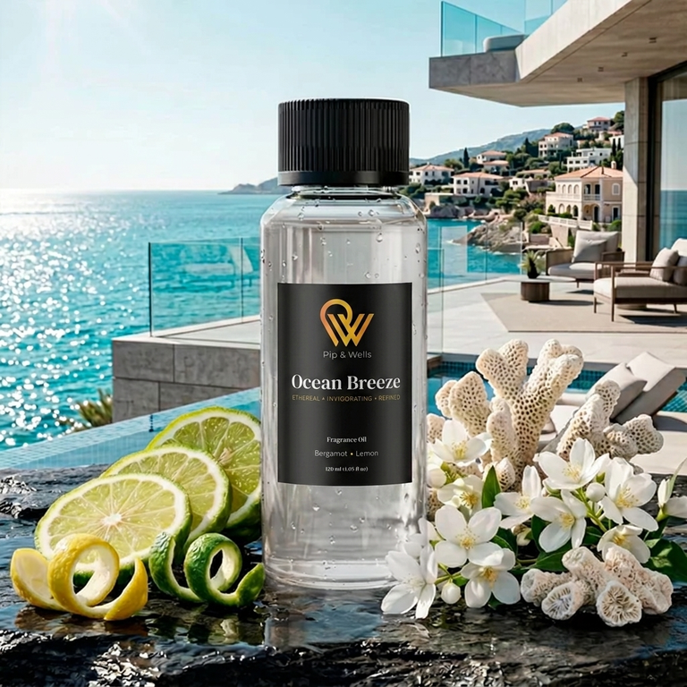 Pip & Wells Ocean Breeze, huile parfumée 120 ml, flacon avec des éléments illustrant les notes parfumées