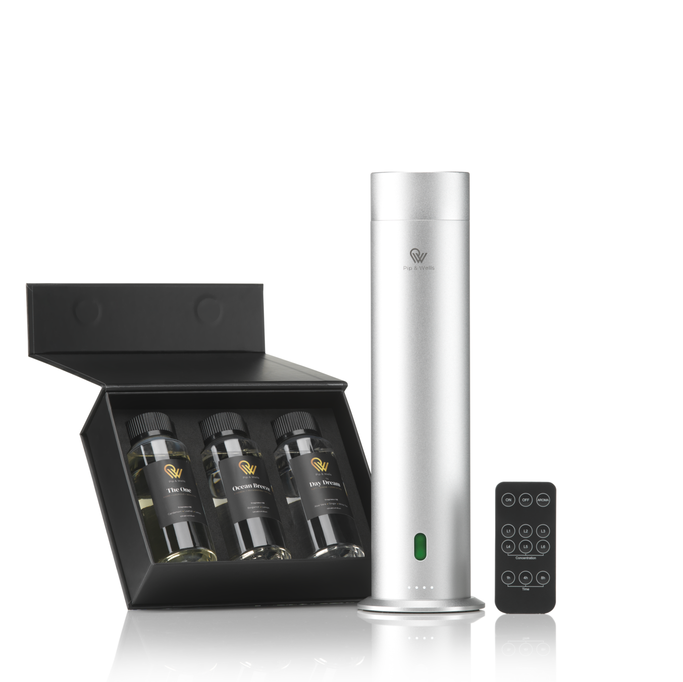 Pip & Wells Pure One matzilveren waterloze aroma diffuser met afstandsbediening en drie geuroliën