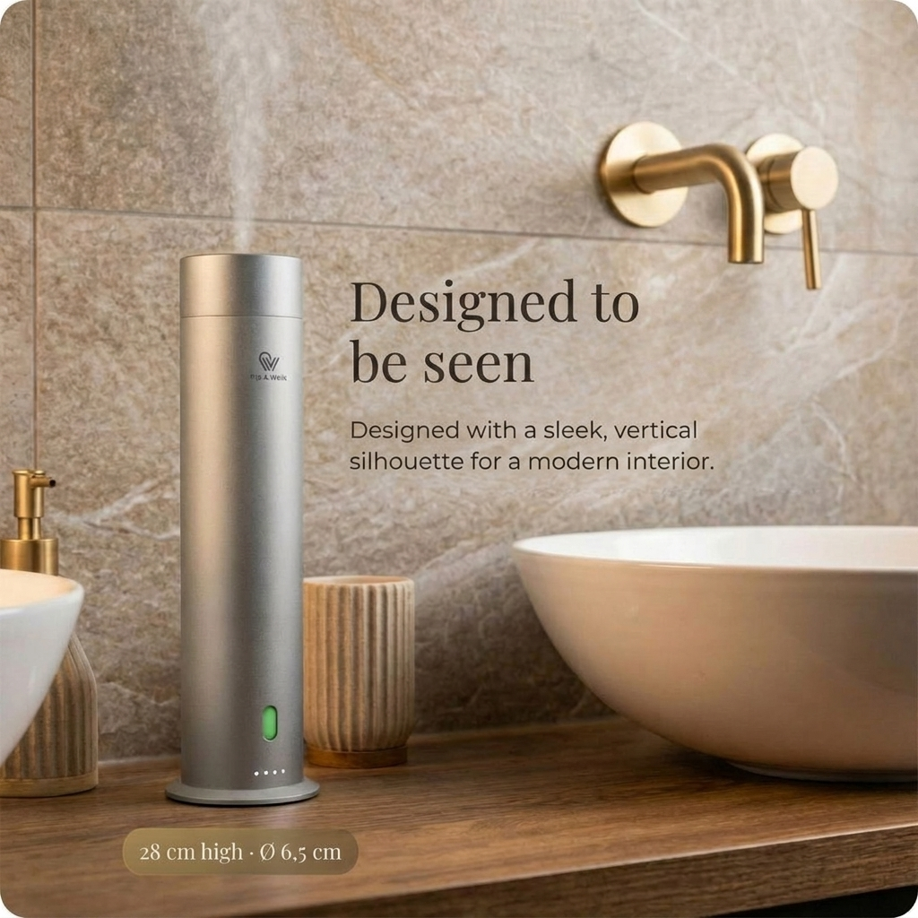 Pip & Wells Pure One matzilveren waterloze aroma diffuser op een badkamermeubel