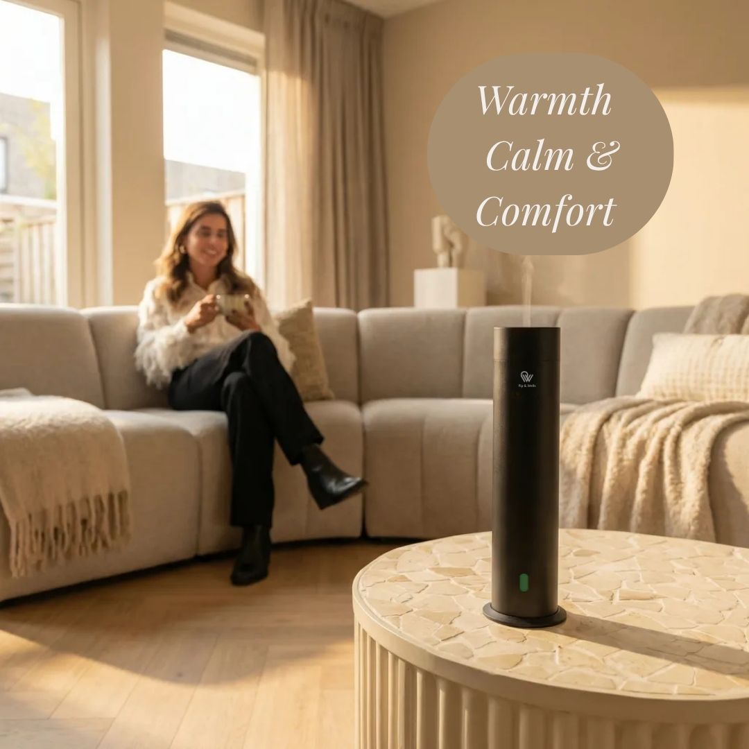 Vrouw zit op een bank in een woonkamer met een zwart cilindrisch apparaat met de tekst 'Warmth Calm & Comfort' op een tafel.