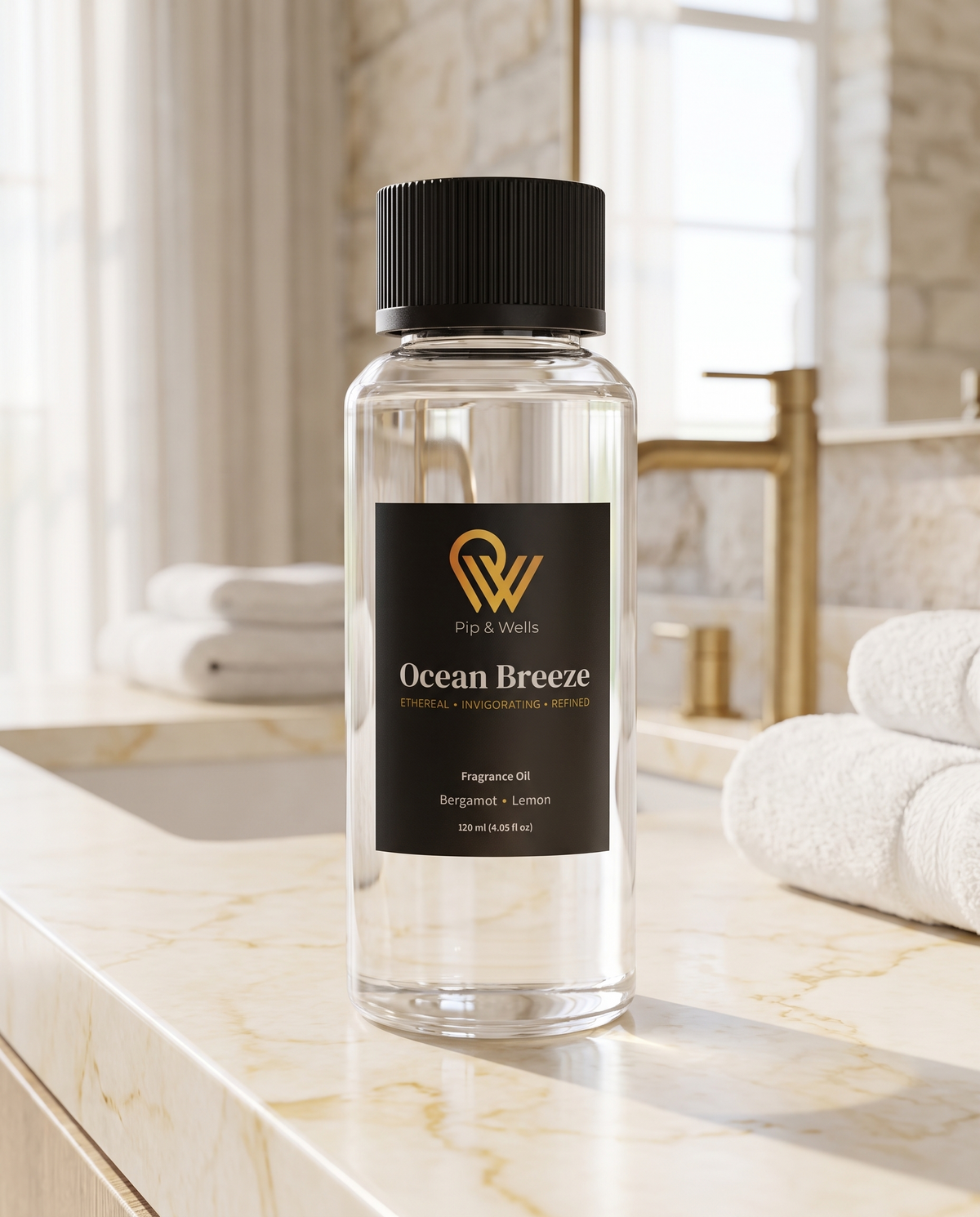 Flacon d’huile parfumée Pip & Wells Ocean Breeze 120 ml sur un plan de toilette en marbre dans une salle de bains de style hôtelier