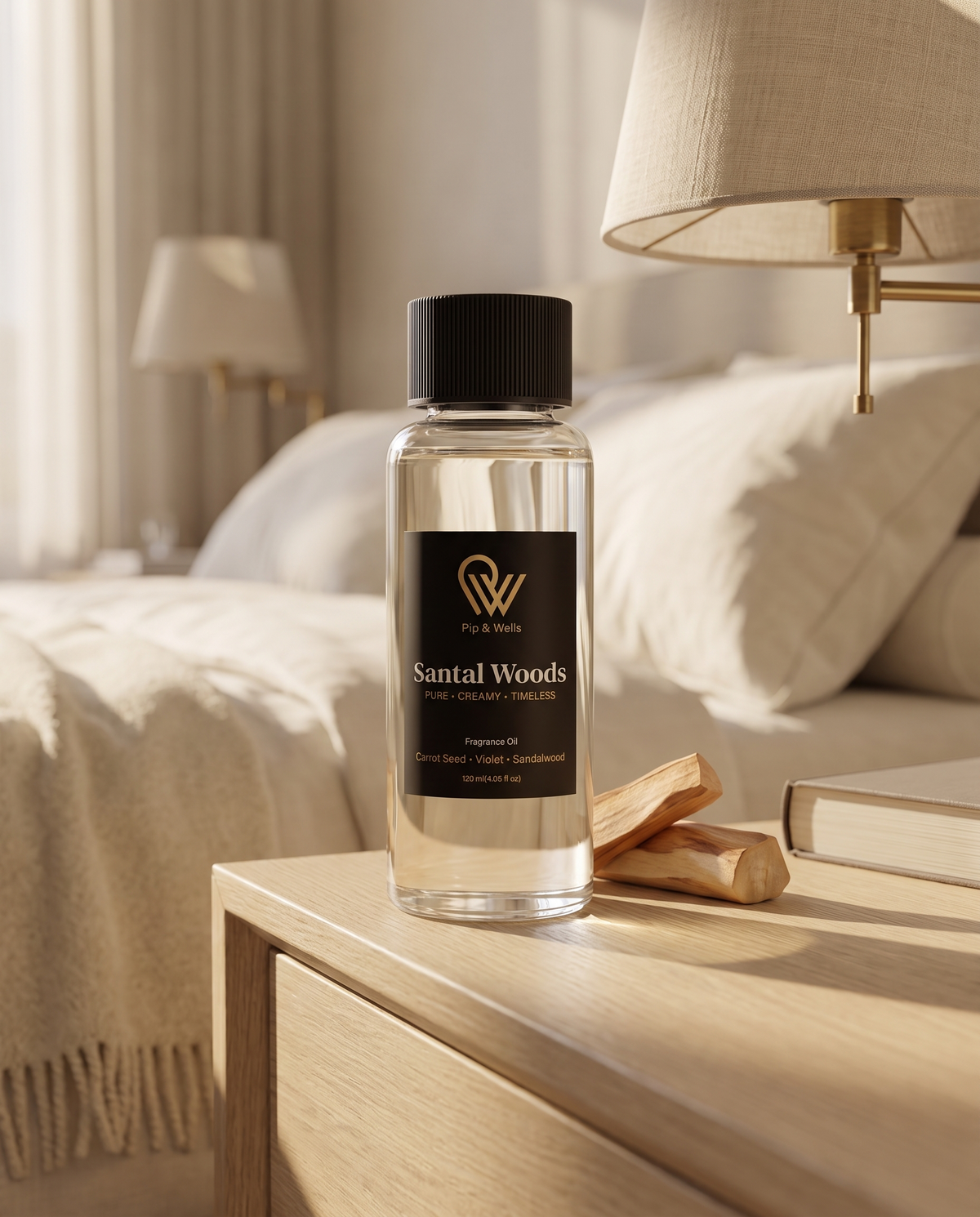 Flesje Pip & Wells Santal Woods geurolie 120 ml op een eikenhouten nachtkastje in een rustige hotelkamer